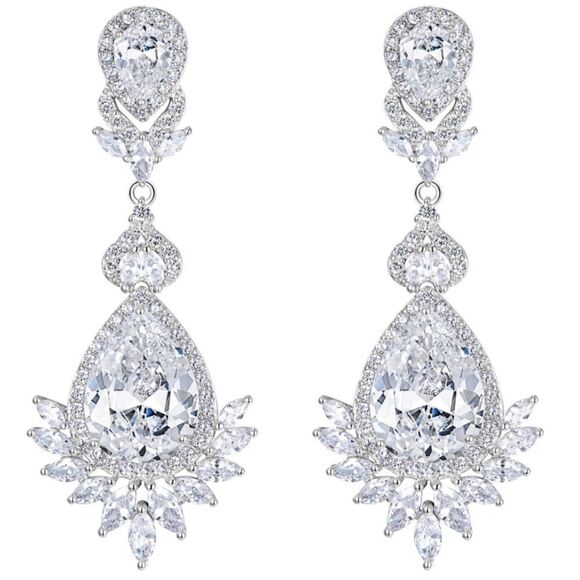 Silver with White Diamond Cubic Zirconia Vintage Style Chandelier Post Earrings